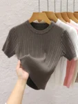 2025 Summer T shirts for Women Casual Female Korean Knit Streetwear Tees Basic Solid Young Cool Tops
