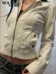 Clearance_Rockmore Vintage Cropped Jackets for Women Harajuku Casual Slim Fit Zipper Coat Y2K Streetwear Long Sleeve Outerwear A