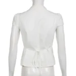 CIBBAR Vintage Folds Crop Top White Button Up Short Sleeve Blouse Women Bandage Korean Fashion T-shirt Casual Streetwear y2k Tee