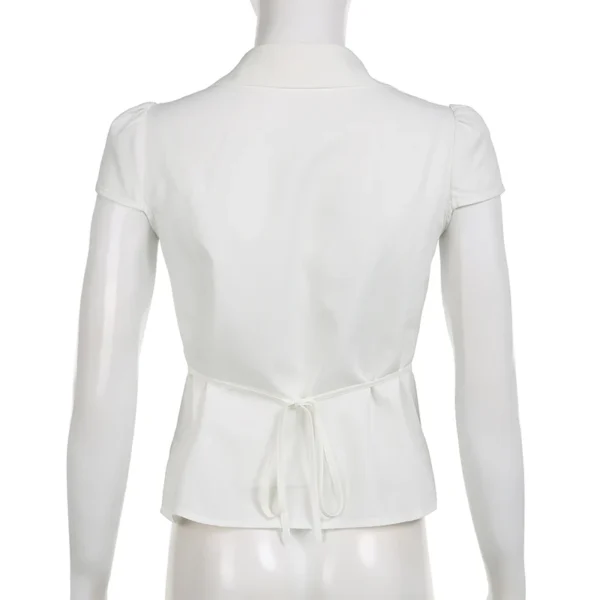 CIBBAR Vintage Folds Crop Top White Button Up Short Sleeve Blouse Women Bandage Korean Fashion T-shirt Casual Streetwear y2k Tee