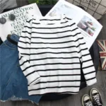 1PC Spring and Autumn Winter Black Striped Top with Foreign Style Ins Bottom Shirt Women Long Sleeve T-shirt