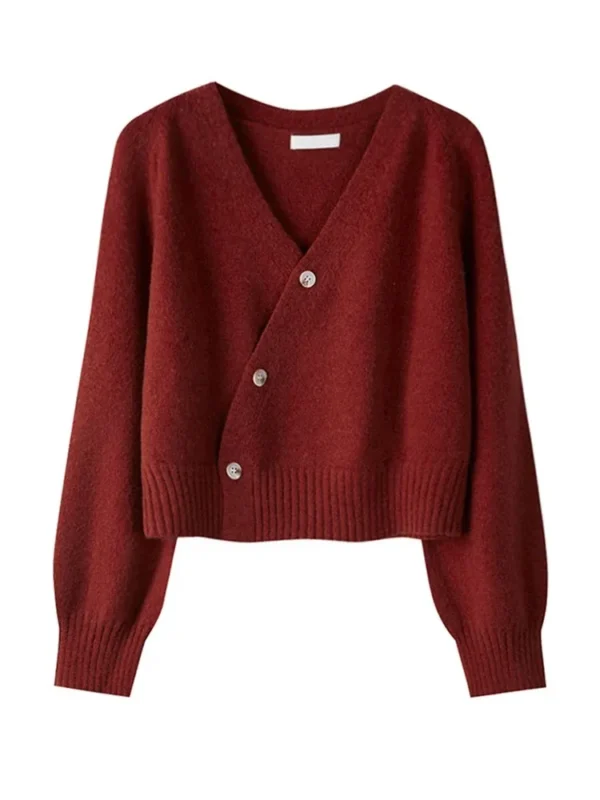 Korean version of women's autumn and winter knitted cardigan diagonal V-neck women's long-sleeved single-breasted sweater