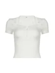 Halter Neck Lace Trim Bow Cute Black Y2K T-Shirt Women Button Up Slim Short Sleeve White Tees Sweet Balletcore Clothing