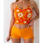 Printed Flower Tankini Set Girl Swimwear Adjustable Strap Vest Bra Female Flower Shorts Bikini Drawstring Women Beach Set