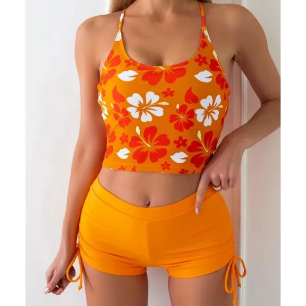 Printed Flower Tankini Set Girl Swimwear Adjustable Strap Vest Bra Female Flower Shorts Bikini Drawstring Women Beach Set