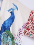 Women Casual Beach Kimono Cover-Up with Peacock Print Long Cardigan Style with Belt Animal Pattern Sun Protection Outerwear