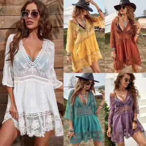 5 Colors Bikini Cover Ups 2024 New Lace Beach Dress Solid Biquinis Kimono For Women Free Size Sun Protection Short Sarong V-Neck