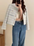 ITOOLIN Autumn Winter Women Elegant Tweed Cardigan Short Coat With Pocket Single Breasted Jacket For Women Loose Outwear 2024