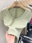 2025 Sexy Square Collar Slim T Shirt Women Cotton Elastic Basic Solid Female Casual Tops Short Sleeve Thin T-shirts See Through