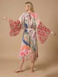 Women Casual Beach Kimono Cover-Up with Peacock Print Long Cardigan Style with Belt Animal Pattern Sun Protection Outerwear