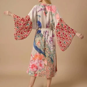Women Casual Beach Kimono Cover-Up with Peacock Print Long Cardigan Style with Belt Animal Pattern Sun Protection Outerwear
