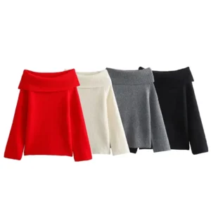 TRAFZA Women Fashion Solid Off Shoulder Sweater Long Sleeve Knitted Pullover Sweater Autumn Female Casual Knitwear Chic Top