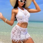 2PCS Sexy Women Fishnet Cover Ups Hollow Out Bodycon Women's Swimwear See through Tassel Dress without Bikini Beachwear