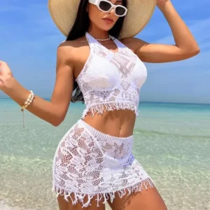 2PCS Sexy Women Fishnet Cover Ups Hollow Out Bodycon Women's Swimwear See through Tassel Dress without Bikini Beachwear