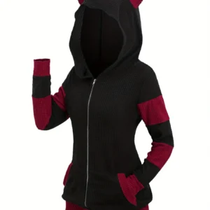 2024 European and American fashion women's new thick cat ears in autumn and winter long color matching hooded sweater coat