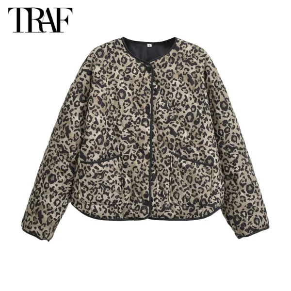 TRAF Leopard Print Jackets for Women Coats Oversized Jackets Woman 2024 Snap Button Overcoat Female Long Sleeve Women's Jacket