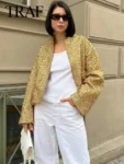 TRAFZA Women Fashion Shiny Sequin Jacket Y2k Gold Color Stand Collar Long Sleeve Short Coat Autumn Winter Ladies High Streetwear