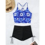 Printed Flower Tankini Set Girl Swimwear Adjustable Strap Vest Bra Female Flower Shorts Bikini Drawstring Women Beach Set