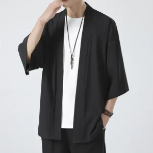 Hot Men's Lightweight Kimonos Traditional Japanese Clothing Male Open Front Cardigan Cloak Haori Yukata Jacket Coat Black