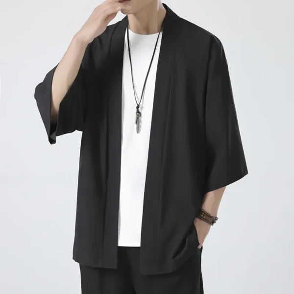 Hot Men's Lightweight Kimonos Traditional Japanese Clothing Male Open Front Cardigan Cloak Haori Yukata Jacket Coat Black