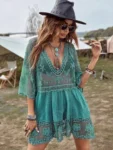 5 Colors Bikini Cover Ups 2024 New Lace Beach Dress Solid Biquinis Kimono For Women Free Size Sun Protection Short Sarong V-Neck