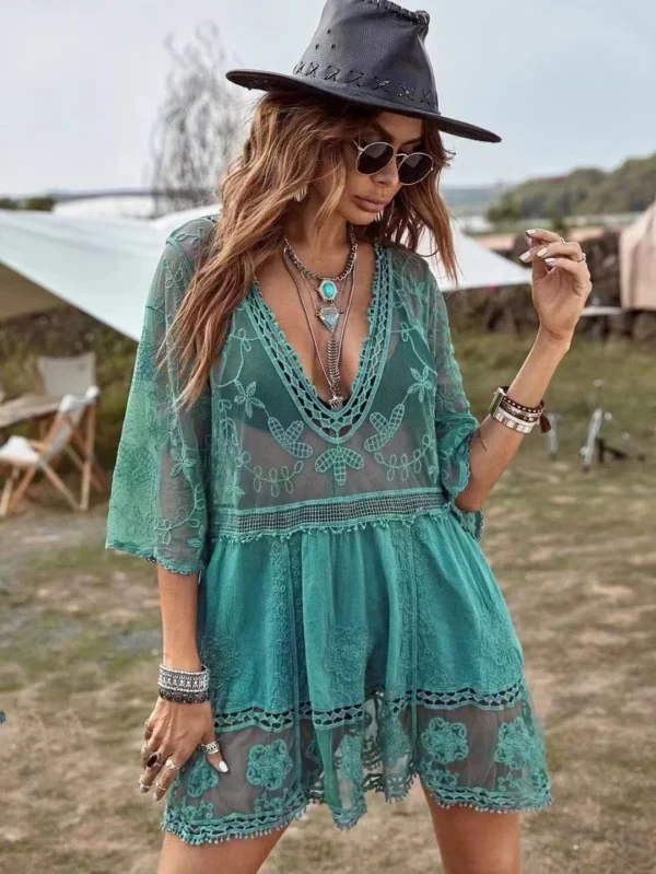 5 Colors Bikini Cover Ups 2024 New Lace Beach Dress Solid Biquinis Kimono For Women Free Size Sun Protection Short Sarong V-Neck