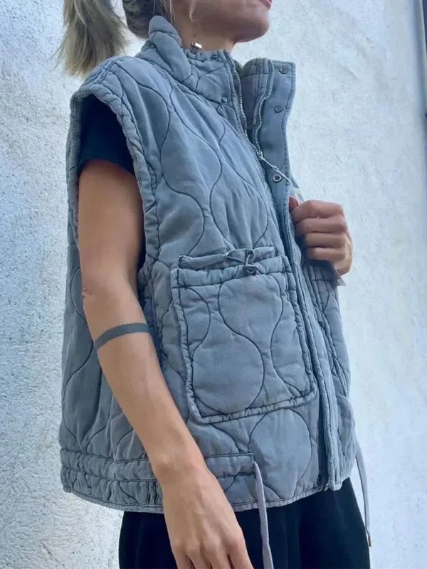 Nlzgmsj 2024 Autumn Winter Women Pocket Cotton Jacket Vest Sleeveless Stand Neck Zipper Waistcoat Loose Female Streetwear