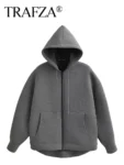 TRAFZA Autumn Women Gray Jacket With Hood Long Sleeve Big Pocket Zipper Jacket Coat Woman Loose Casual Outerwear Coat Tops