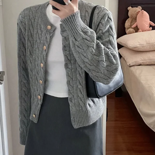 2024 Vintage Long Sleeve Cardigan Women Sweater O-neck Elegant Knitted Top Fashion Autumn Grey Knitwear