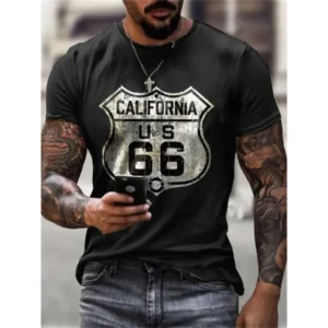 2025 New Men's Vintage T-Shirt 3D Printed American Plus-Size Hip-Hop Personality 66 Designed Short-Sleeved Daily Casual Clothing