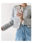 ITOOLIN Autumn Winter Women Elegant Tweed Cardigan Short Coat With Pocket Single Breasted Jacket For Women Loose Outwear 2024