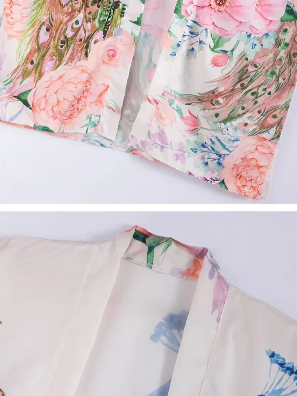 Women Casual Beach Kimono Cover-Up with Peacock Print Long Cardigan Style with Belt Animal Pattern Sun Protection Outerwear