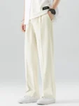 2023 New Summer Casual Pants Men Breathable Polyester Korean Fashion Semi-Wide Banded Waist Slacks Straight Loose Drape Trousers