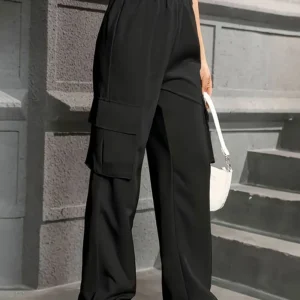 Elastic Waist Fashionable Workwear Pants High Waist Wide Leg Pants Loose Solid Color Casual Sports Pants WOMEN'S Sportswear