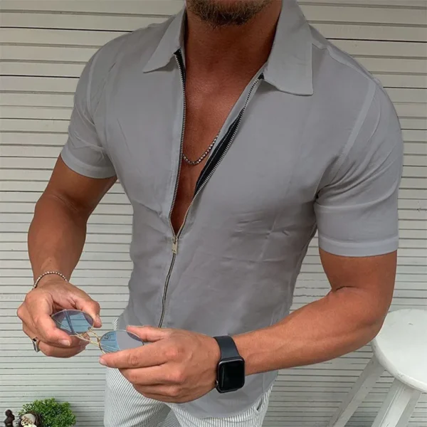 Men's Light Business Office Casual Zipper Short Sleeve Shirt Slim Fit Solid Color Lapel Cardigan Fashion Tops
