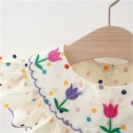 New Cute Girl'S Dress Sweet Rose Embroidered Small Round Dots Korean Version Loose Bubble Sleeve Cotton Beach Skirt