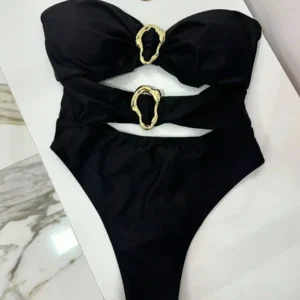 3 Colors Sexy Metal Rings Cut Out Women Swimwear One Piece Swimsuit Female Bandeau High Leg Cut Bather Bathing Suit Swim B022D