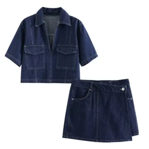 2025 Women's Fashion Flip Pocket Decoration Short Flip Collar Slim fit denim Top + Asymmetric Denim Skirt 2 Piece Set