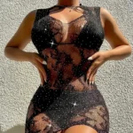 1PC Women Sexy Fishnet Rhinestone Cover Up Without Bikini Hollow Out Bodycon Dress See Through Beachwear Women's Swimwear