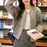 2024 Vintage Long Sleeve Cardigan Women Sweater O-neck Elegant Knitted Top Fashion Autumn Grey Knitwear