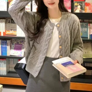 2024 Vintage Long Sleeve Cardigan Women Sweater O-neck Elegant Knitted Top Fashion Autumn Grey Knitwear