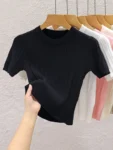2025 Summer T shirts for Women Casual Female Korean Knit Streetwear Tees Basic Solid Young Cool Tops