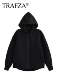 TRAFZA Autumn Women Gray Jacket With Hood Long Sleeve Big Pocket Zipper Jacket Coat Woman Loose Casual Outerwear Coat Tops
