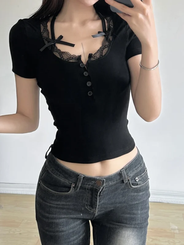 Halter Neck Lace Trim Bow Cute Black Y2K T-Shirt Women Button Up Slim Short Sleeve White Tees Sweet Balletcore Clothing