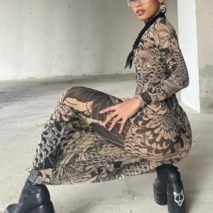 Weird Puss Mesh Print Women Maxi Dress Turtleneck Full Sleeve Bodycon Autumn Trendy Hipsters High Street Party Y2K Attirewear