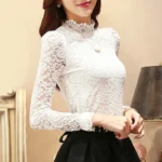 2024 Fashion Spring Elegant Lace Hollow Out Top Stand-up Collar White Woman Blouse Sweet Long Sleeve Shirts 1695