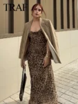 TRAFZA 2024 Women Summer Vintage Leopard Print Dress Sleeveless Backless Suspender Female Slim Casual Beach Party Long Dress