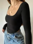 2022 Square Collar Long Sleeve Casual Women T Shirts Green Autumn Skinny Sexy Solid Basic Crop Tops Fashion Streetwear