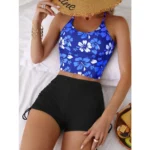 Printed Flower Tankini Set Girl Swimwear Adjustable Strap Vest Bra Female Flower Shorts Bikini Drawstring Women Beach Set