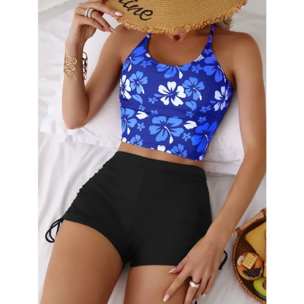 Printed Flower Tankini Set Girl Swimwear Adjustable Strap Vest Bra Female Flower Shorts Bikini Drawstring Women Beach Set